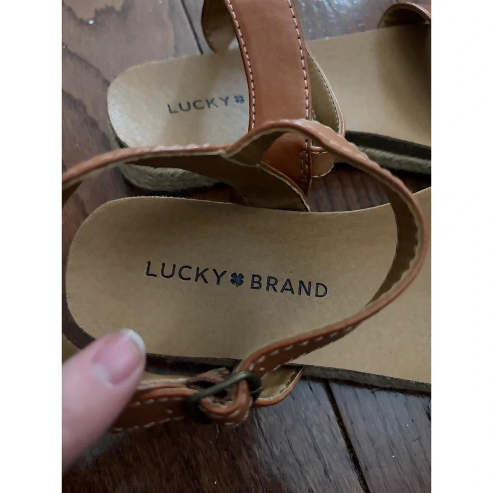 Lucky Brand Women Tan Leather Ankle‎ Strap Flat Sandals Espadrille Size 3M